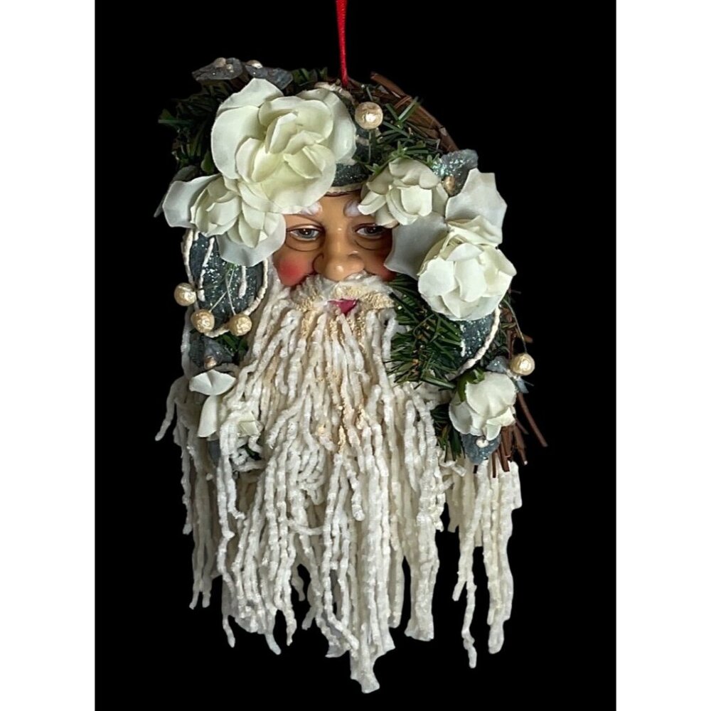 Vtg. Handmade Santa Claus Face Christmas Wreath Decor White Flowers Yarn Beard - Picture 2 of 6